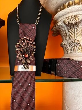 Alfani His & Her’s Burgundy Crystal Brooch Tie Necklace